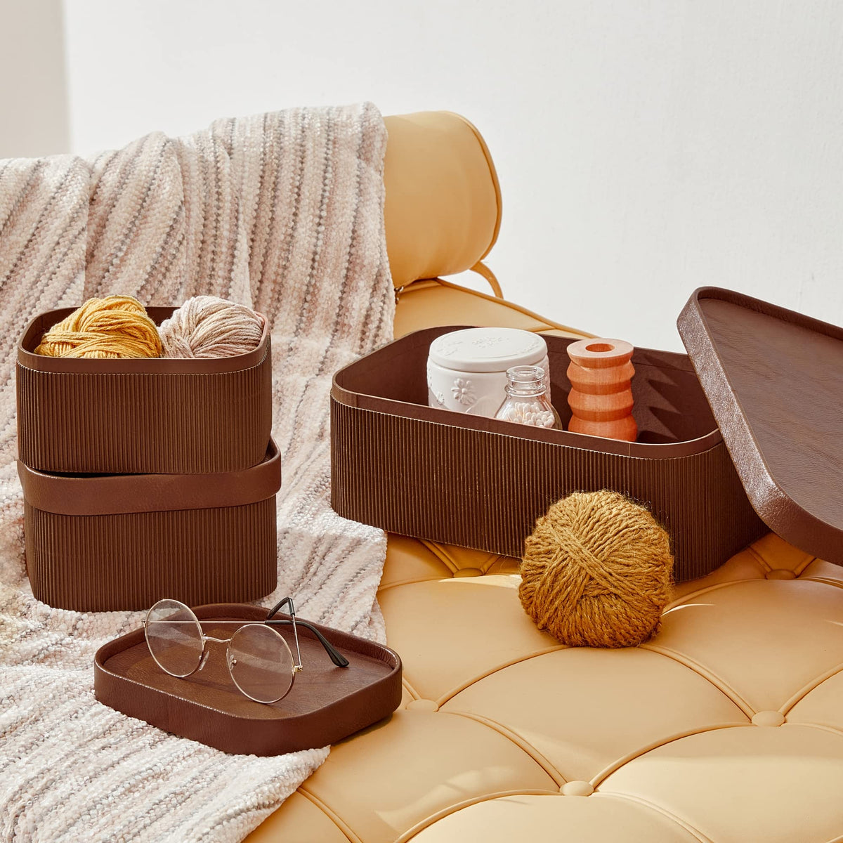 Stackable fluted baskets in chocolate brown, front view for space-saving display