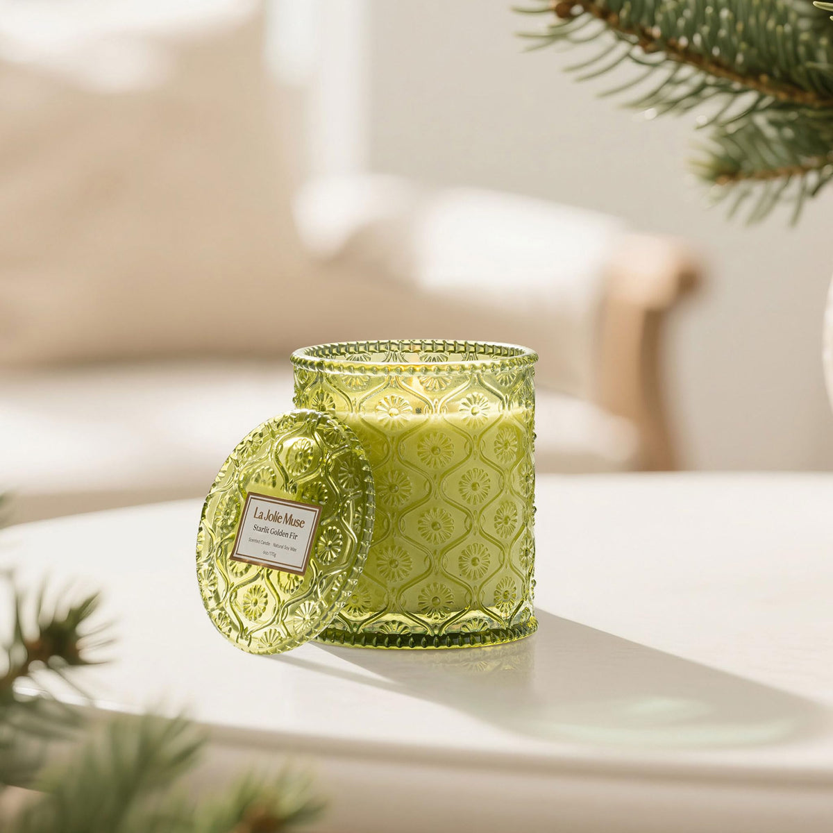 LA JOLIE MUSE Starlit Golden Fir label detail showcases premium craft and elegance.