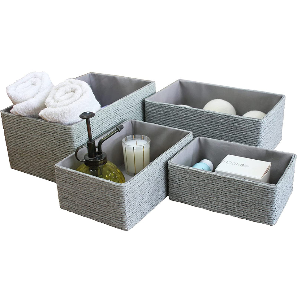 La Jolie Muse gray stackable baskets with textured paper rope for stylish shelf organization.