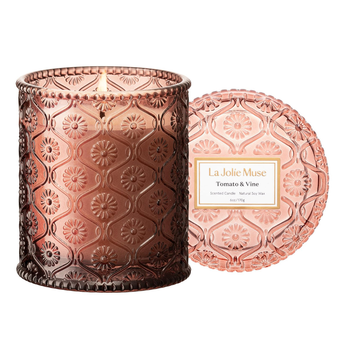 LA JOLIE MUSE Tomato & Vine candle with tomato leaf and rose details for a garden vibe.