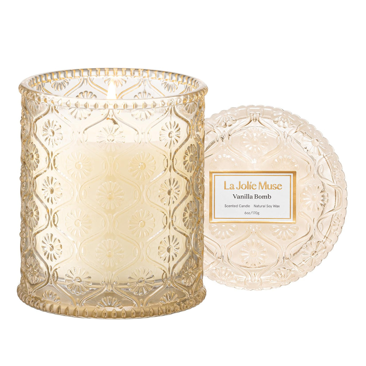 LA JOLIE MUSE Vanilla Bomb Candle jar adds elegant décor with a clean burn.