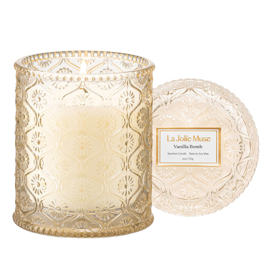 LA JOLIE MUSE Vanilla Bomb Candle jar adds elegant décor with a clean burn.