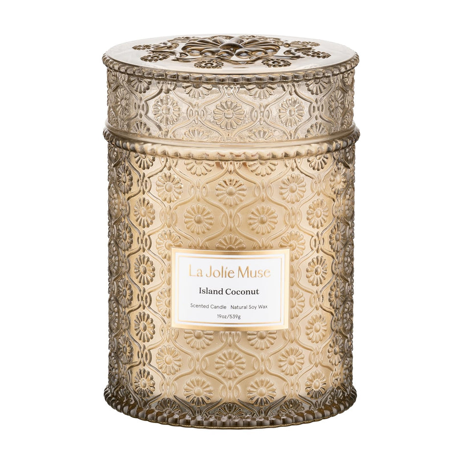 LA JOLIE MUSE Vanilla Coconut Candle with embossed glass jar for elegant decor