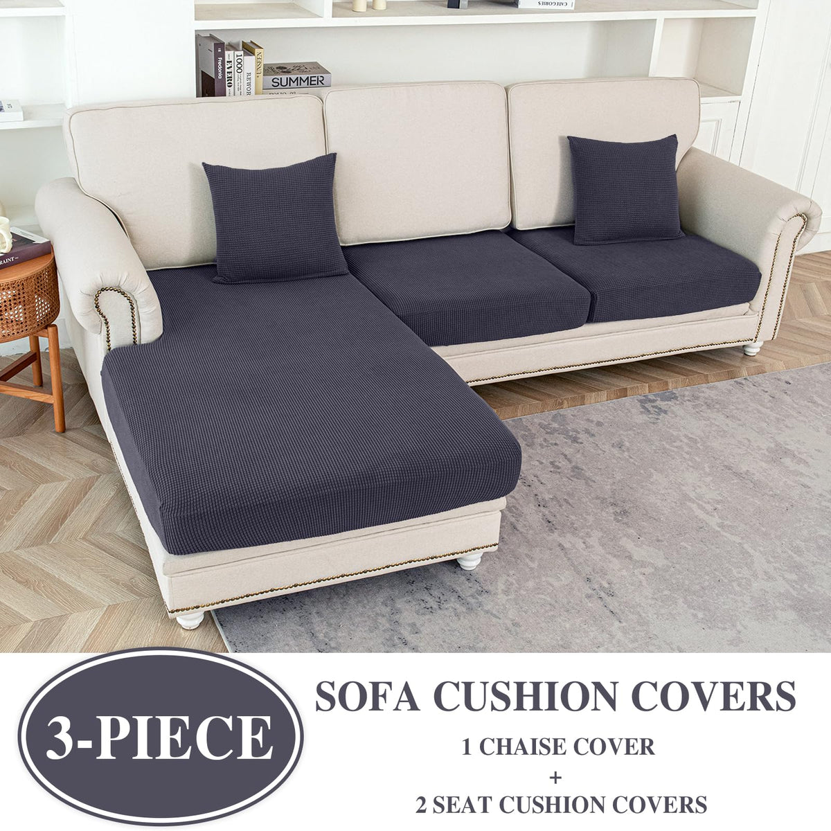 LA MEACK chaise cover protecting the chaise with a snug stretch fit