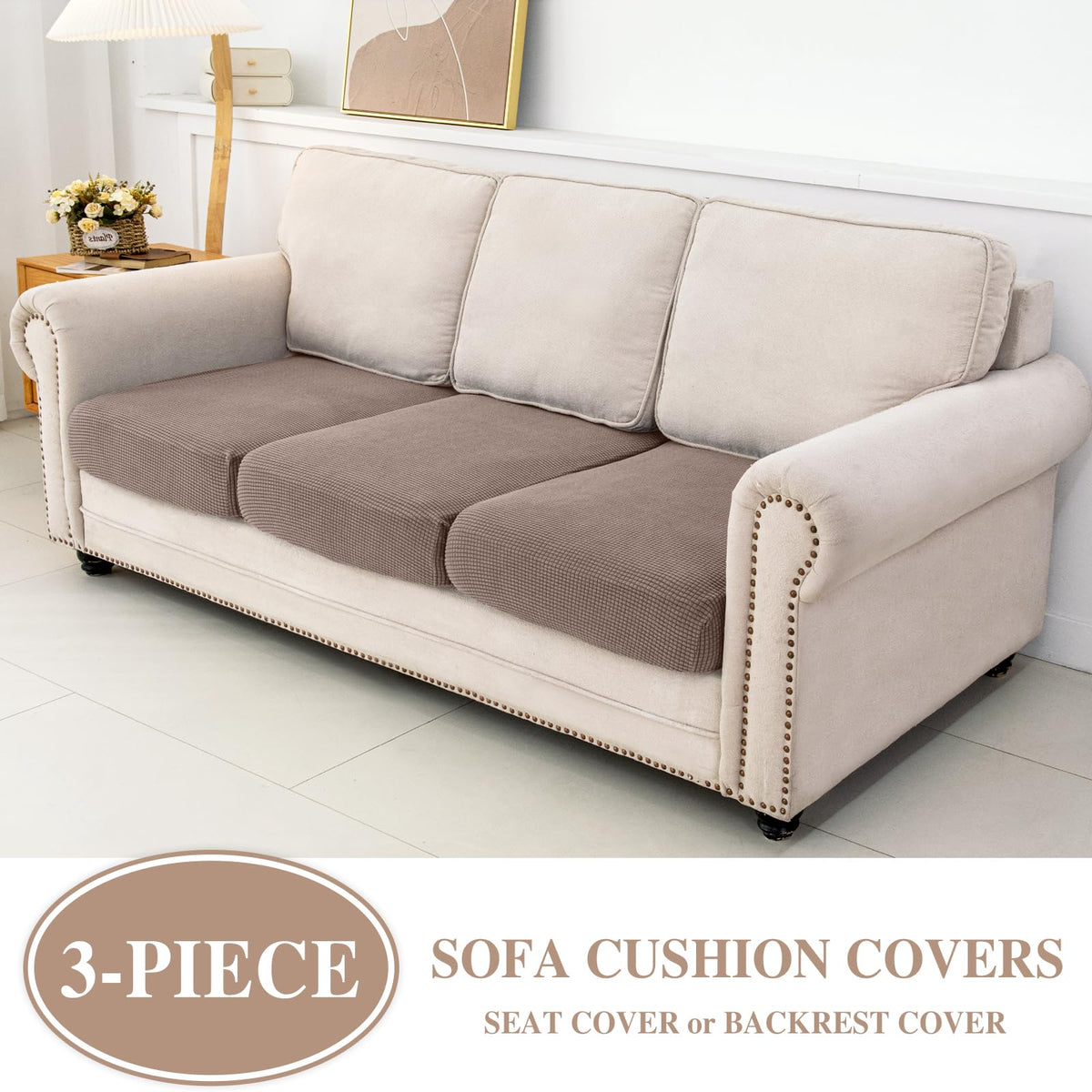 LA MEACK 3-piece set showcases stretch slipcover detail for seat cushions.