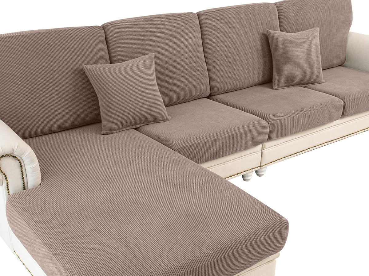 LA MEACK couch cushion covers on L-shaped sofa protect fabric and refresh style.