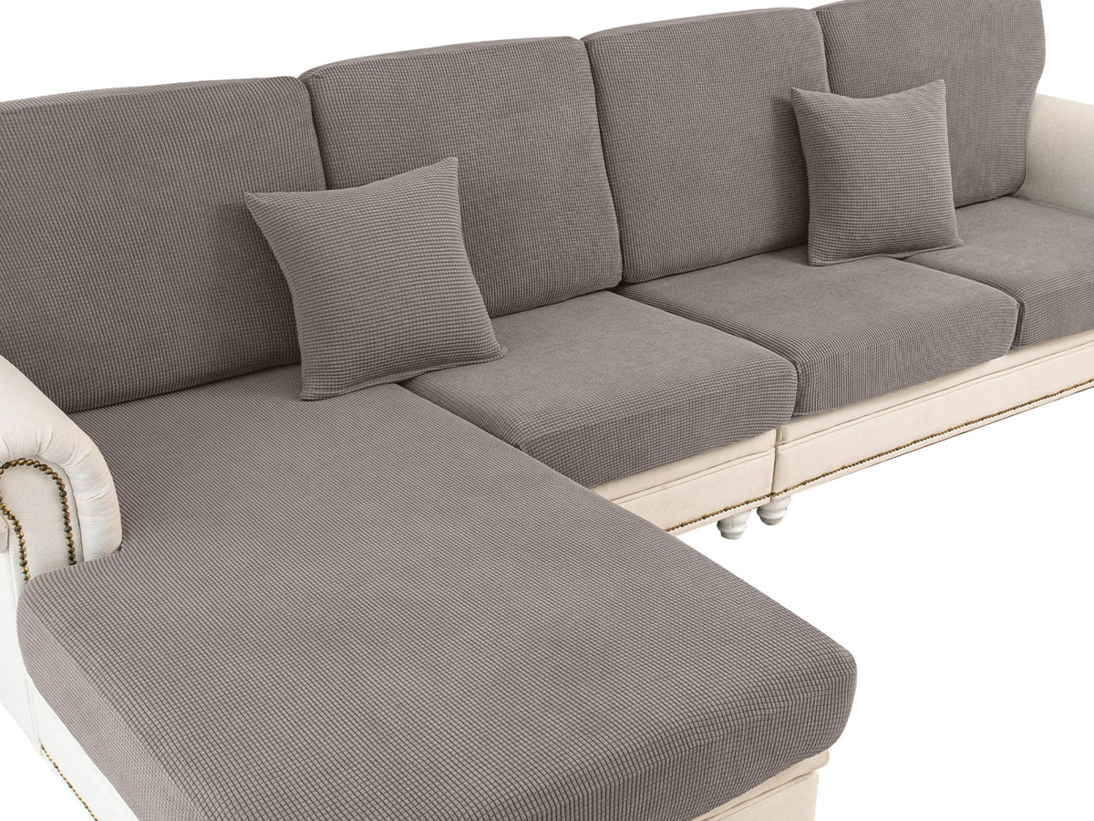 LA MEACK couch cushion covers on taupe sectional showing fit and style