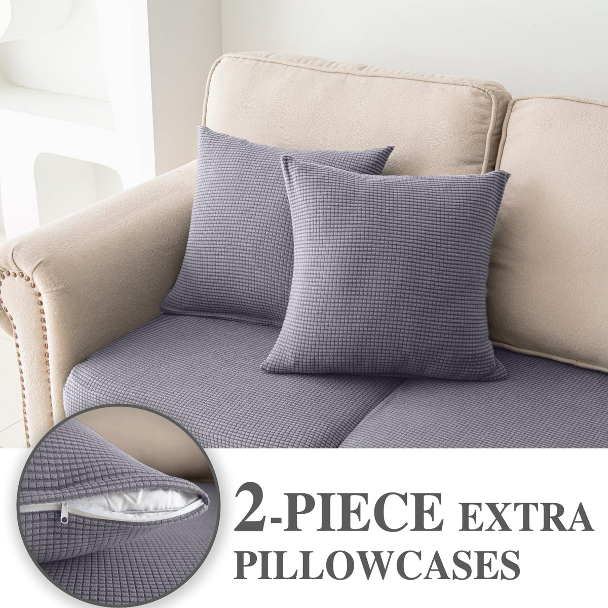LA MEACK stretch fabric cushion cover, 90% polyester 10% spandex, fits most sofas.