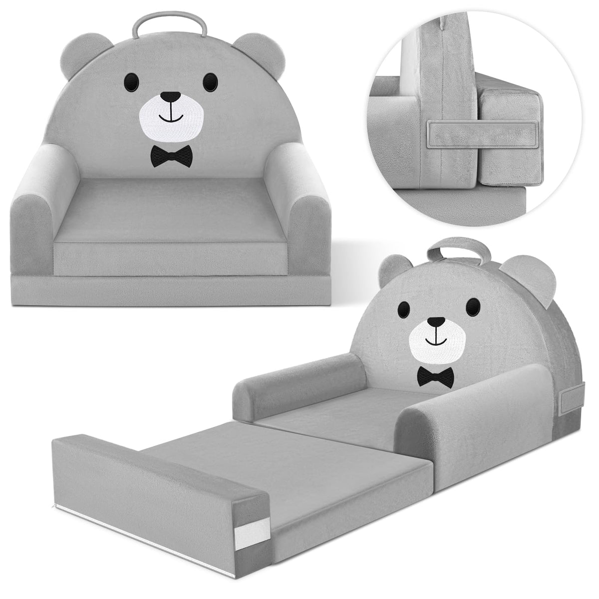 Laapee kids sofa bed with removable gray cover, easy to clean after snacks.