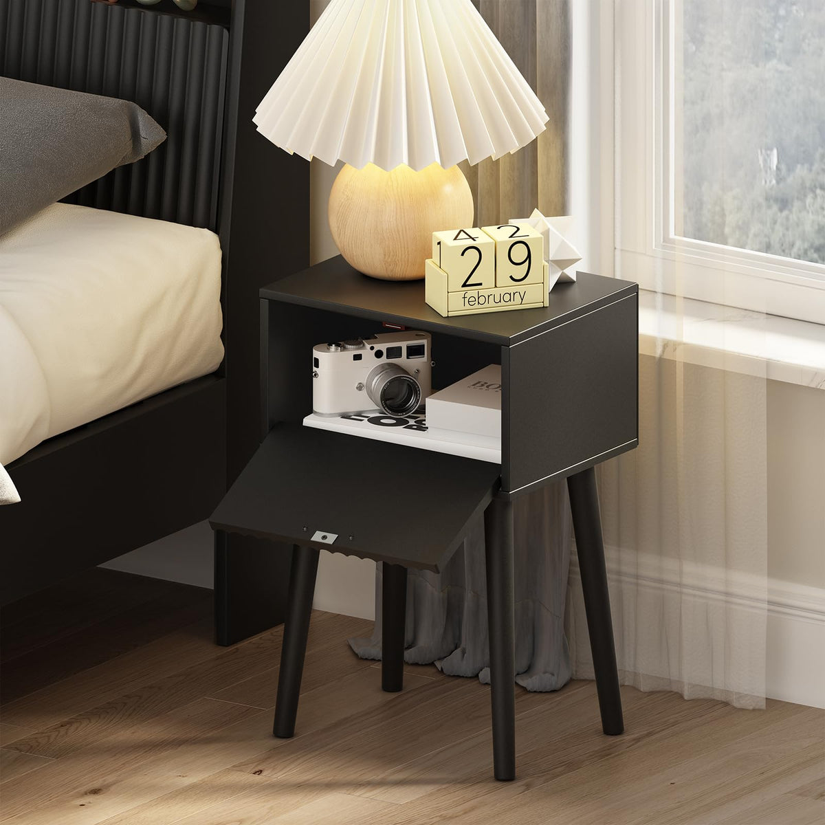 Fluted-door storage on Laatooree nightstands conceals items while staying accessible.