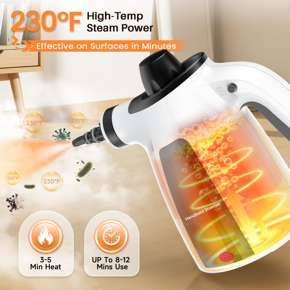 LABIGO Steam Cleaner ergonomic handle provides comfortable grip during extended cleaning sessions.