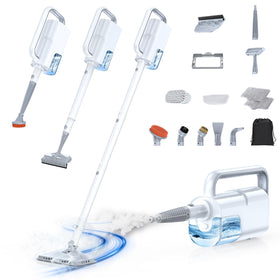 LABIGO 10-in-1 steam mop main unit gliding on hardwood floor for quick cleaning