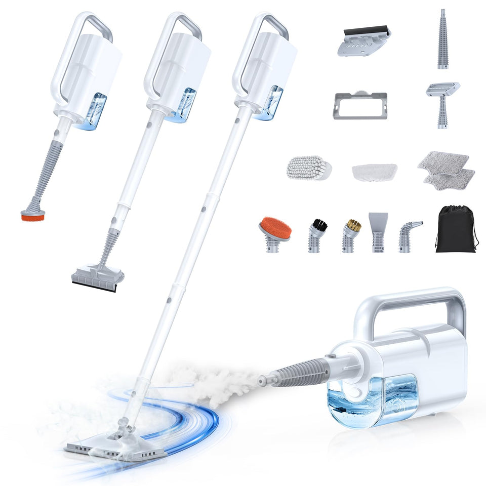 LABIGO 10-in-1 steam mop main unit gliding on hardwood floor for quick cleaning