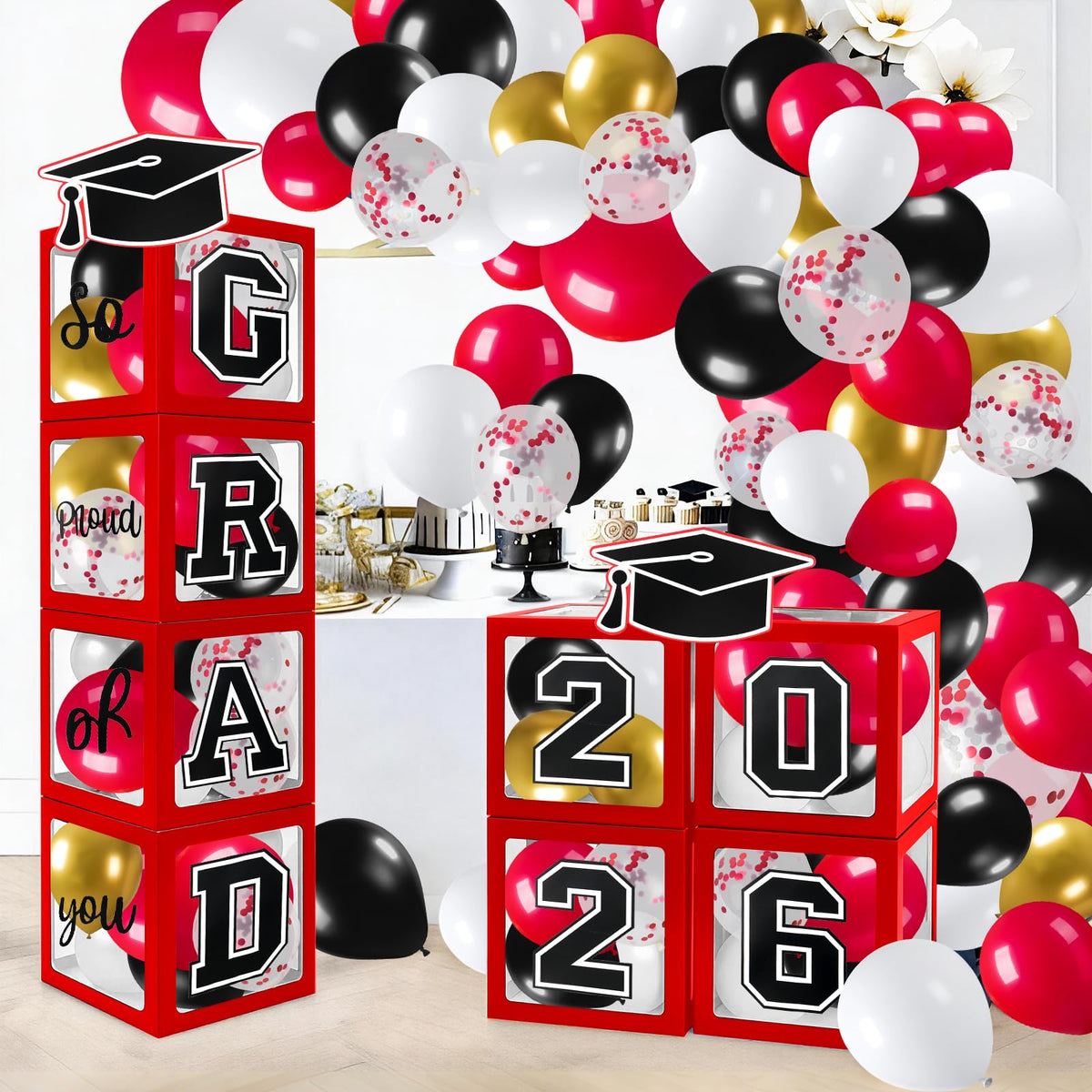 Labrostar Graduation 2026 boxes and balloons ready for quick, stylish party setup.