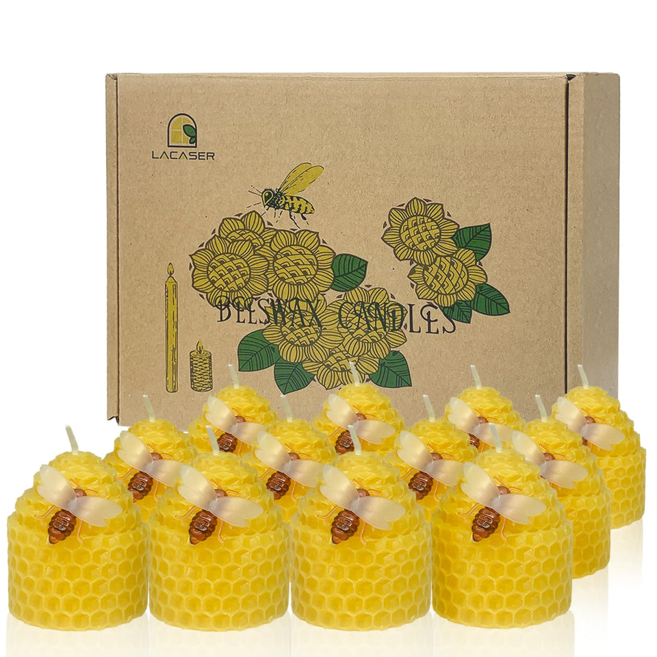 Lacaser 12-pack beeswax candles with a 3D bee ornament for warm ambient lighting.