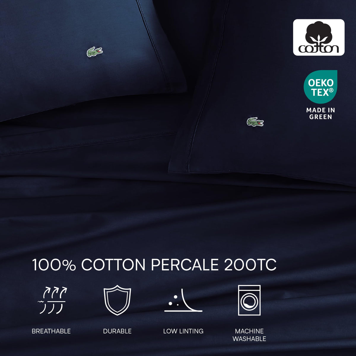 Lacoste color palette bed ambience with versatile solid options.