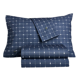 Lacoste Slice 100pct cotton percale sheet set in Vintage Indigo, breathable comfort for all seasons.