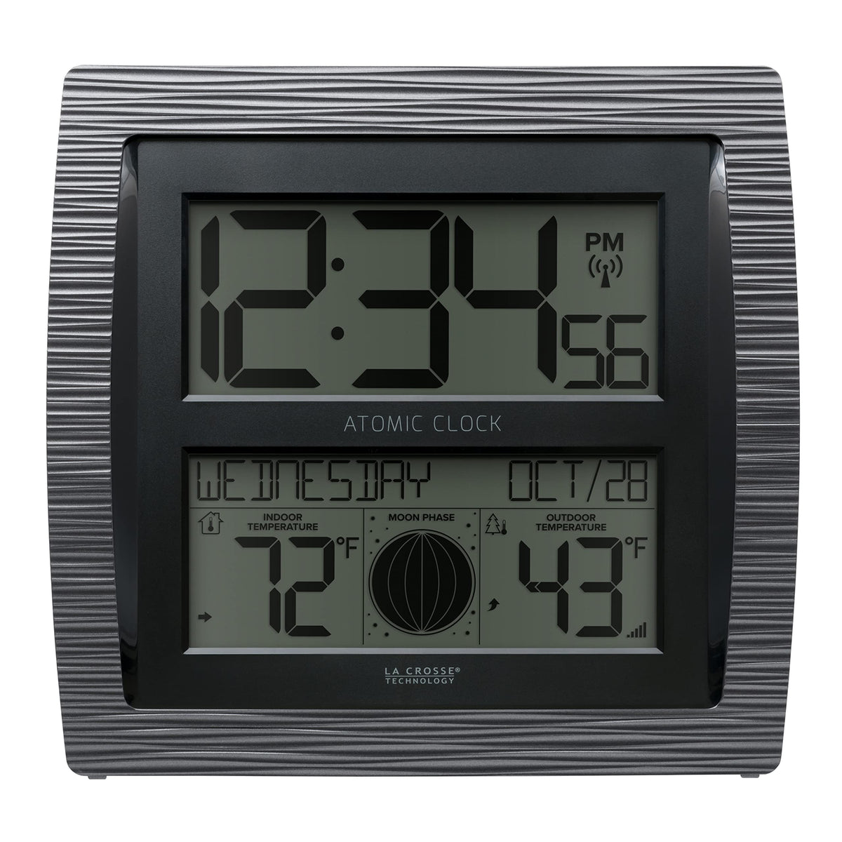 La Crosse BBB86118-INT curved clock front view with clear time and date.