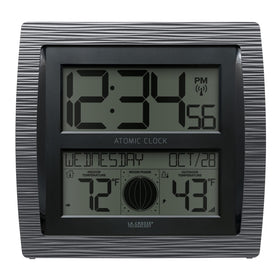 La Crosse BBB86118-INT curved clock front view with clear time and date.