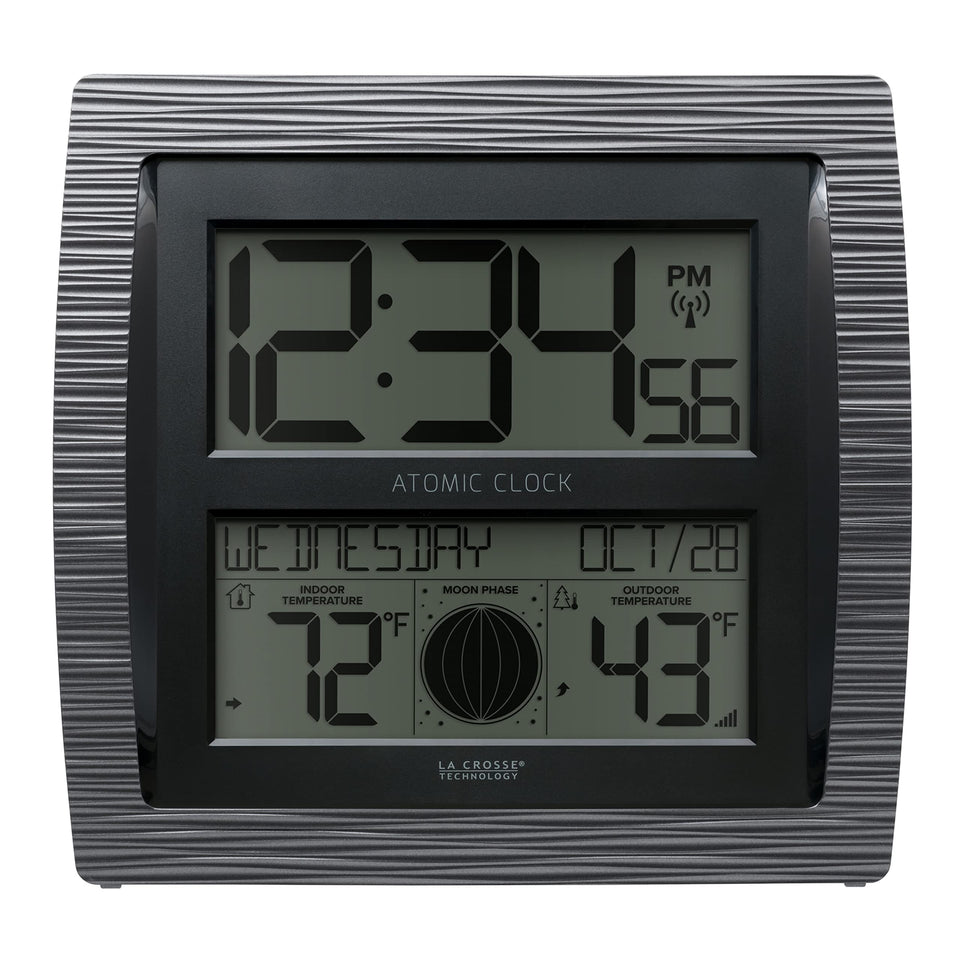 La Crosse BBB86118-INT curved clock front view with clear time and date.