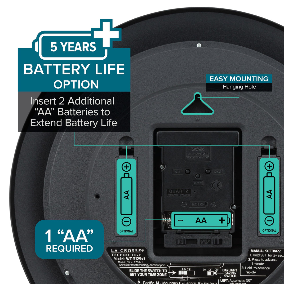 La Crosse WT-3129B time-zone button for quick regional time settings