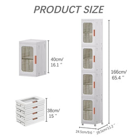 Lacusmall tall narrow storage cabinet side view highlighting removable wheels for easy repositioning.