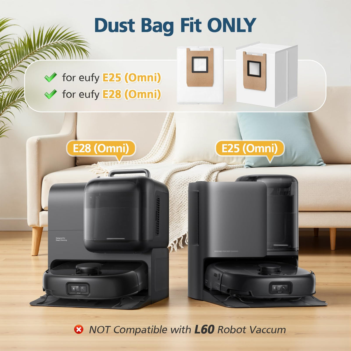 Lacvik E25/E28 dust bag side view highlights slim profile for tight fits.