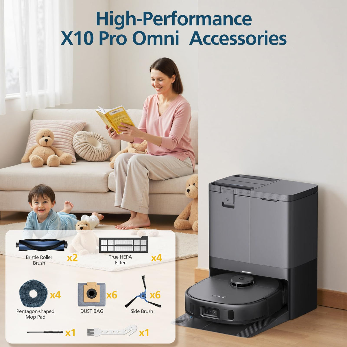 Lacvik eufy X10 Pro Omni packaging image shows complete accessory kit.
