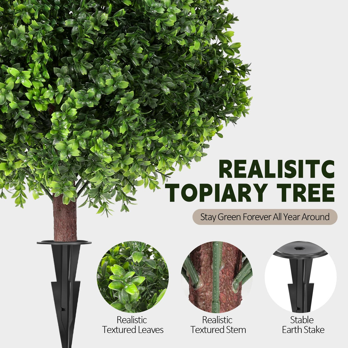 LadyRosian faux boxwood ball tree shows dense foliage for porch decor.