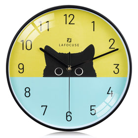 Lafocuse 12-inch silent cat wall clock with black cat dial for kids' rooms.