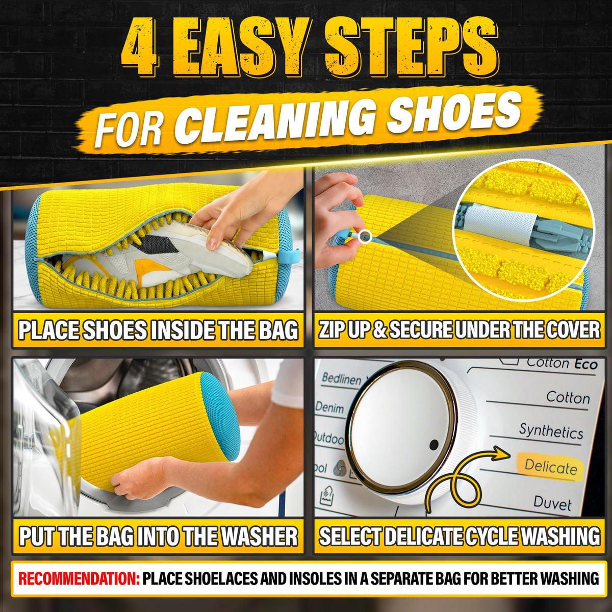 Durable zipper detail on Lagarto XXL shoe bag in yellow