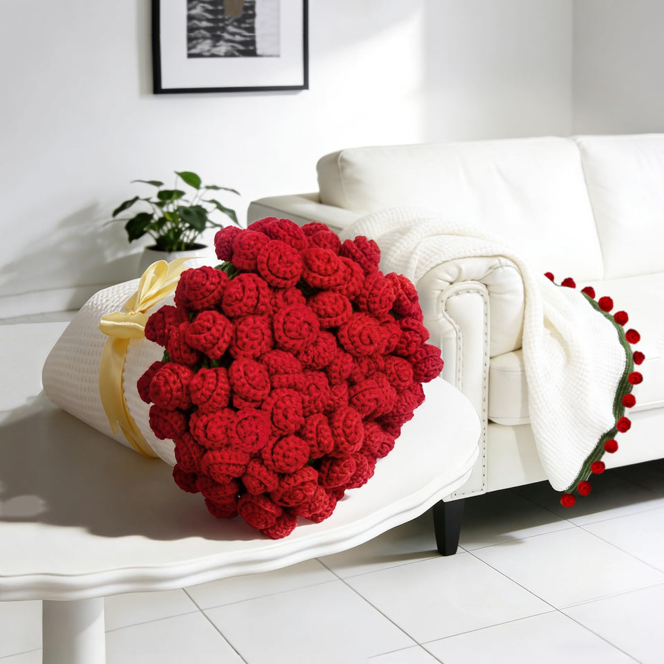 Laghura Rose Bouquet Blanket rolled into a decorative bouquet for gifting.