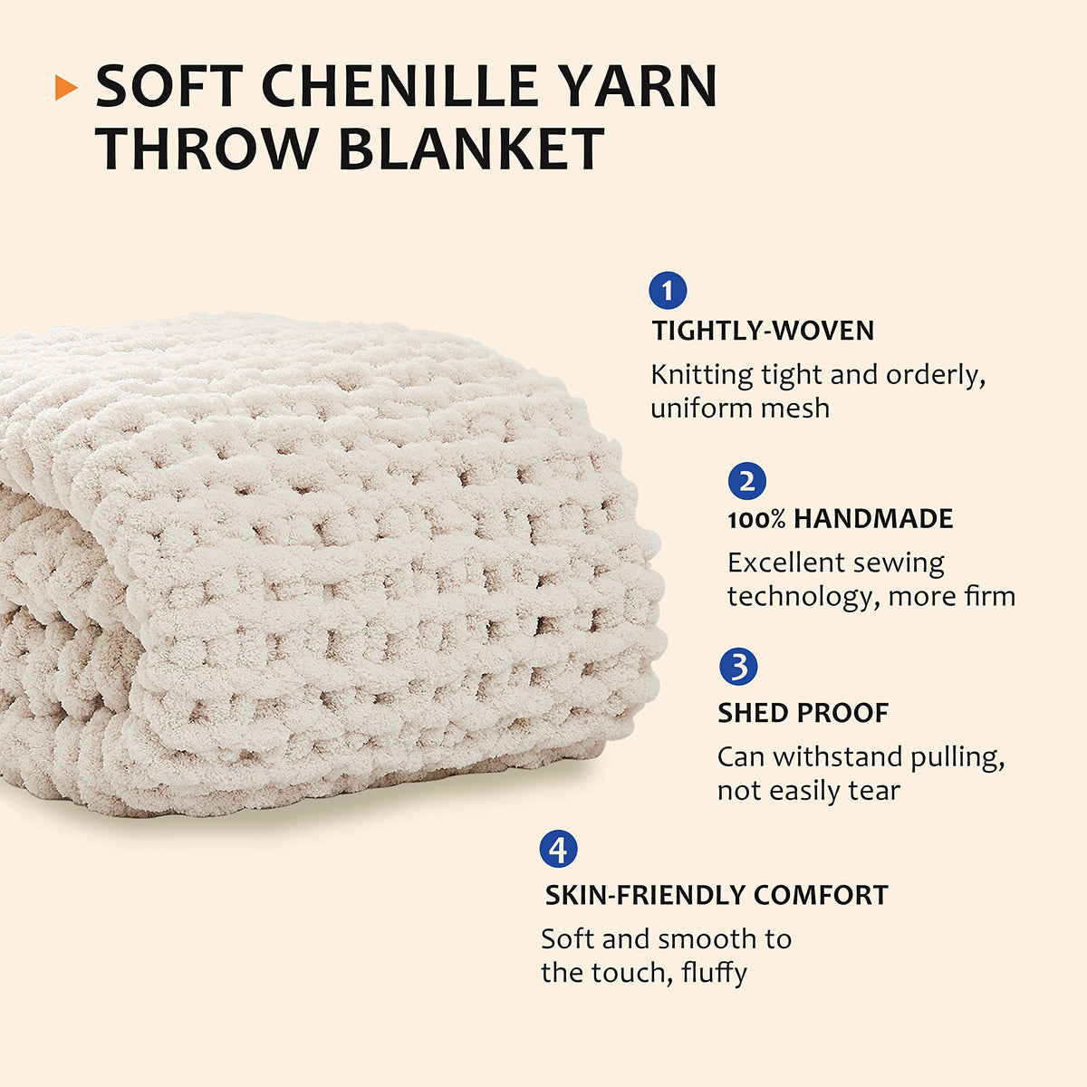 L'AGRATY ivory blanket close-up reveals soft chenille texture and cable knit pattern.