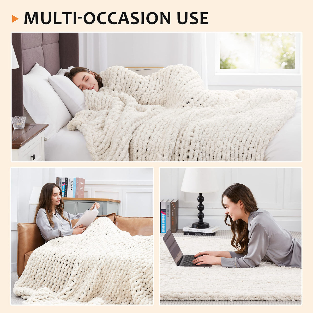 L'AGRATY ivory cable knit blanket resting on chair highlights handmade craftsmanship.