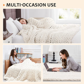 L'AGRATY ivory cable knit blanket resting on chair highlights handmade craftsmanship.