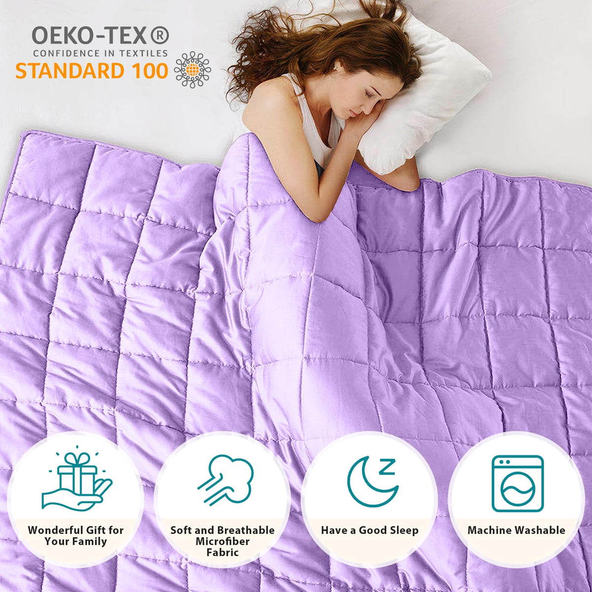 L'AGRATY blanket on bed with relaxed user ready for bedtime.