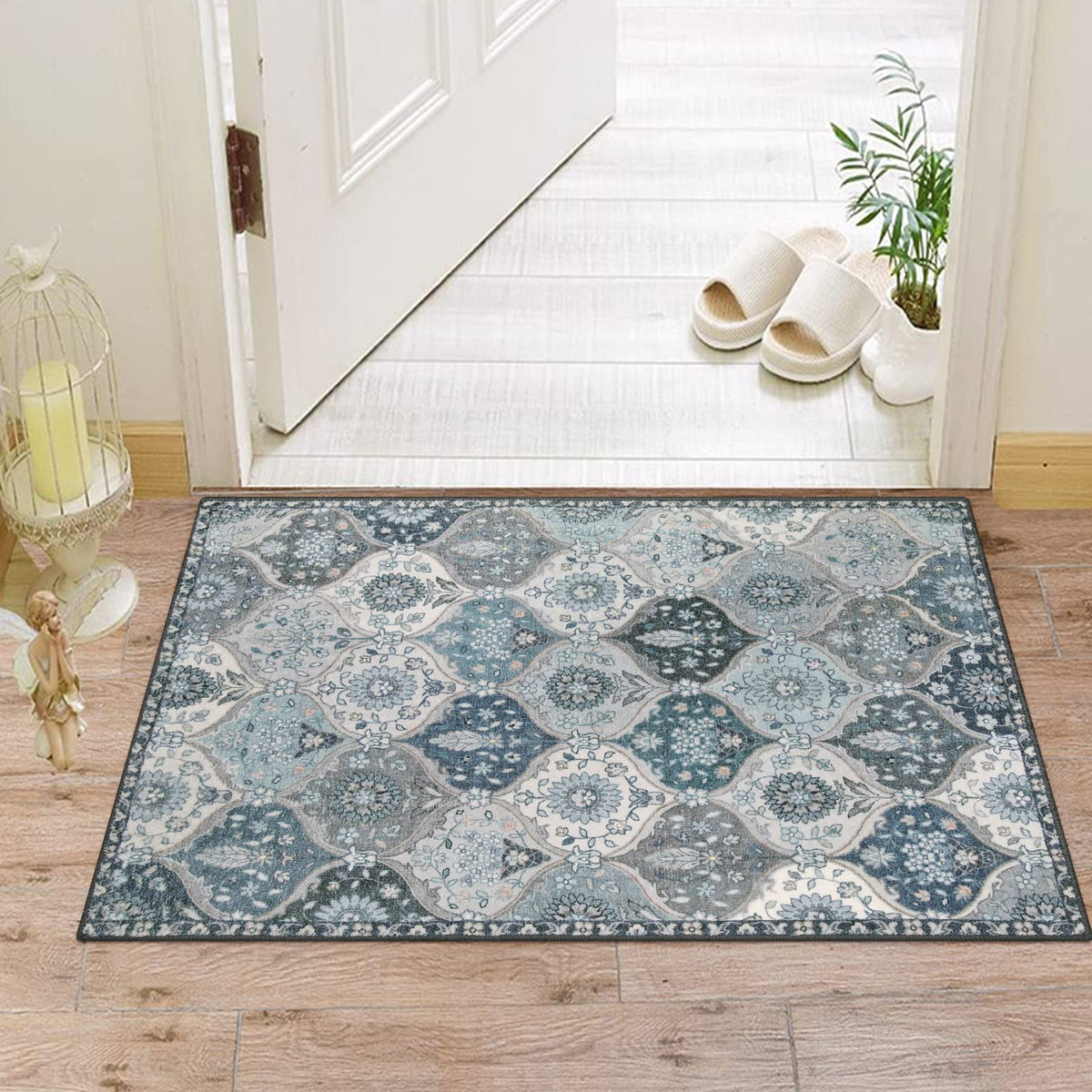 Lahome blue indoor mat designed to be robot vacuum friendly.
