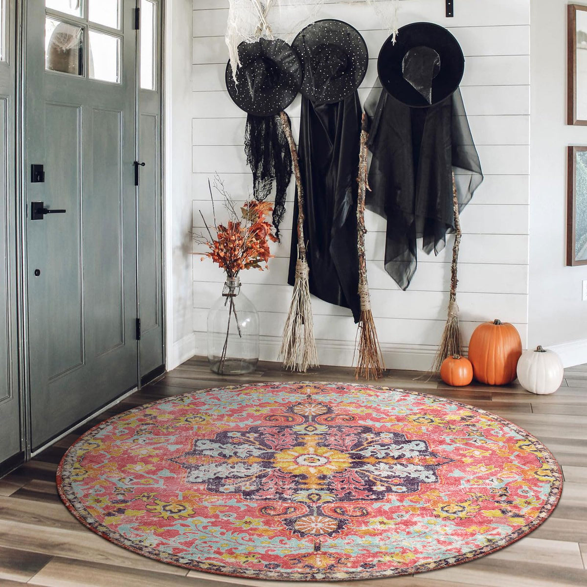 Lahome round rug showcases vibrant hot pink tones to elevate living spaces