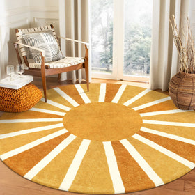 Lahome boho round rug with rainbow sun print adds color and stays securely on floors.