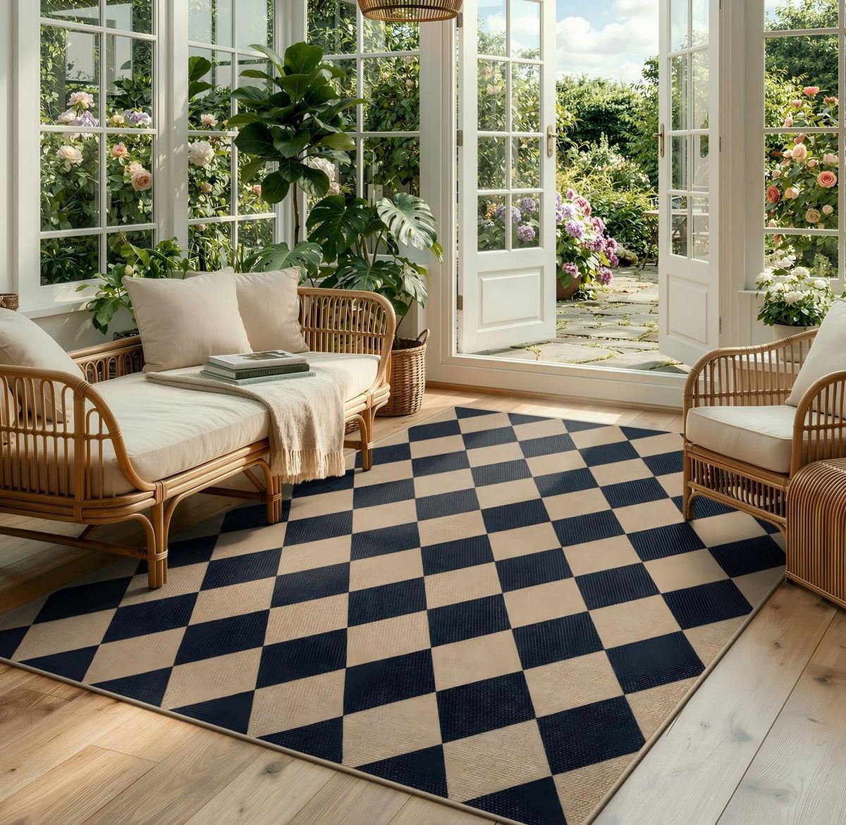 Lahome Checkered Easy Jute 5x7 rug with durable polyester fibers for indoor and outdoor use.