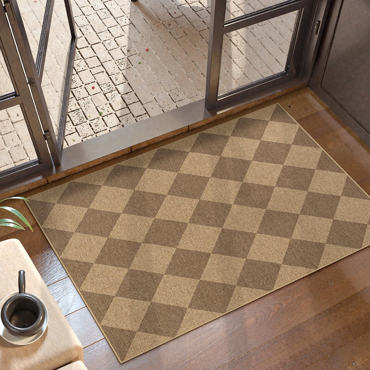 Lahome Colette checkered rug front-door view with non-slip backing for safety.