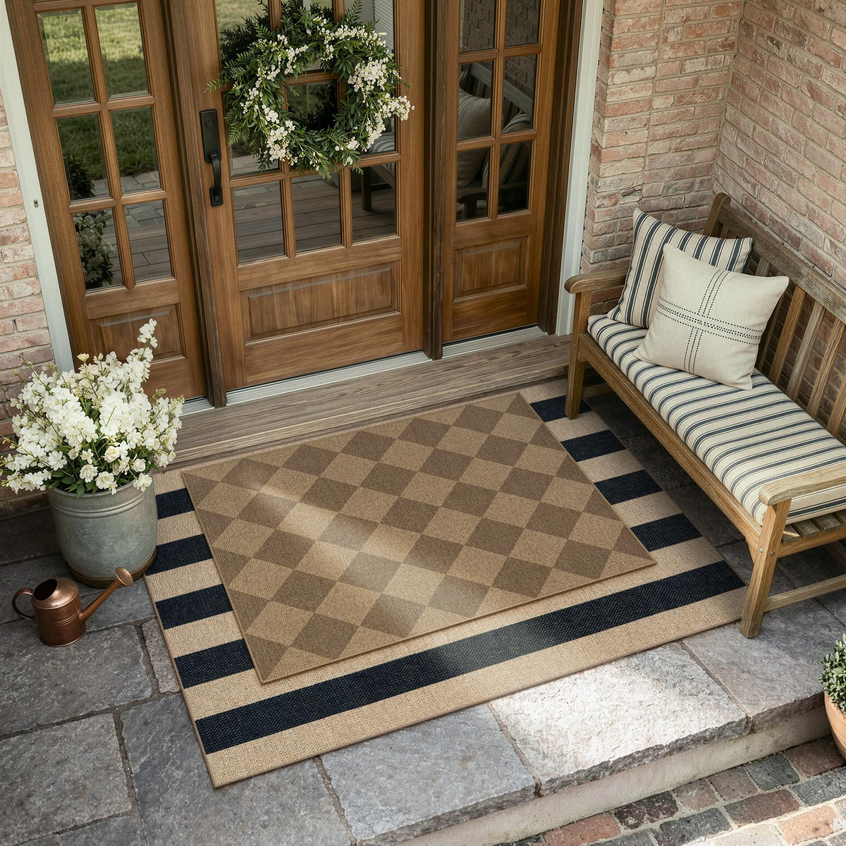 Lahome Colette checkered rug entryway setup on tiled floor.
