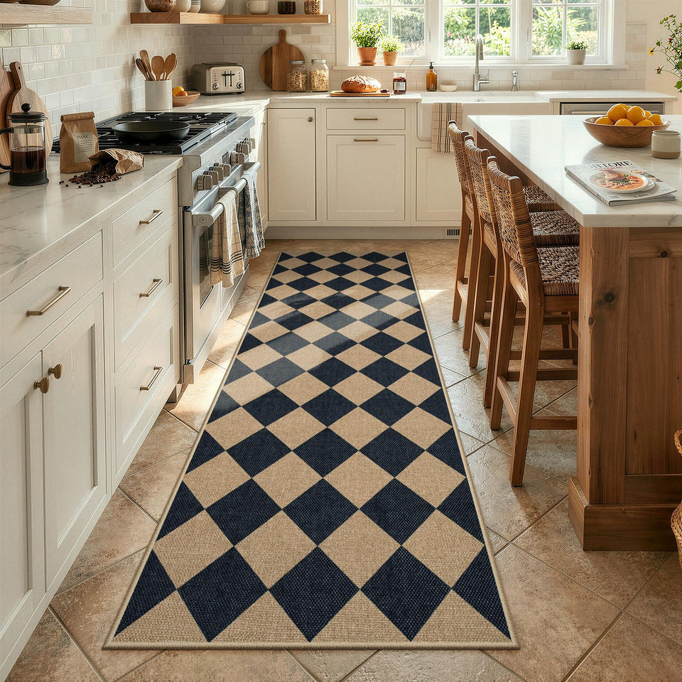 Lahome Colette checkerboard runner in entryway with durable indoor-outdoor use