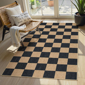 Lahome Colette checkerboard rug dining room, low-profile design fits under chairs.