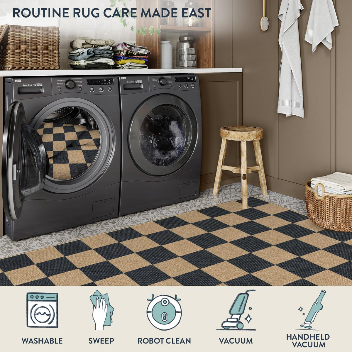 Lahome Colette checkerboard rug kitchen, soft underfoot with low pile.