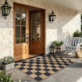 Lahome Colette checkerboard rug sunroom, cozy texture complements natural light.