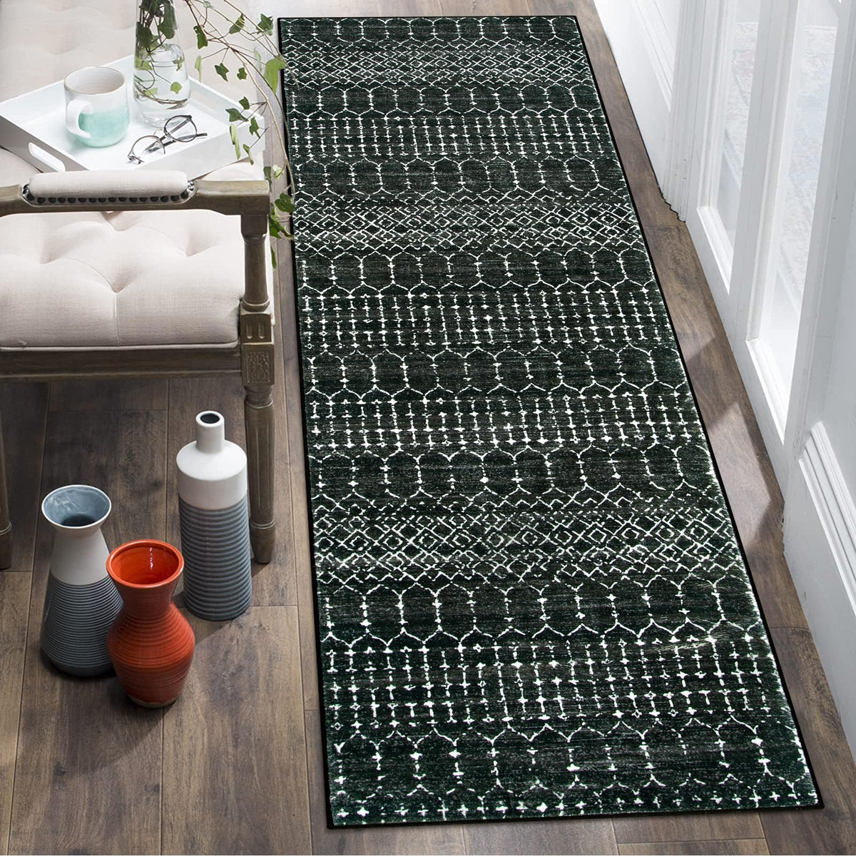 Lahome distressed geometric pattern rug enhances style in busy spaces.