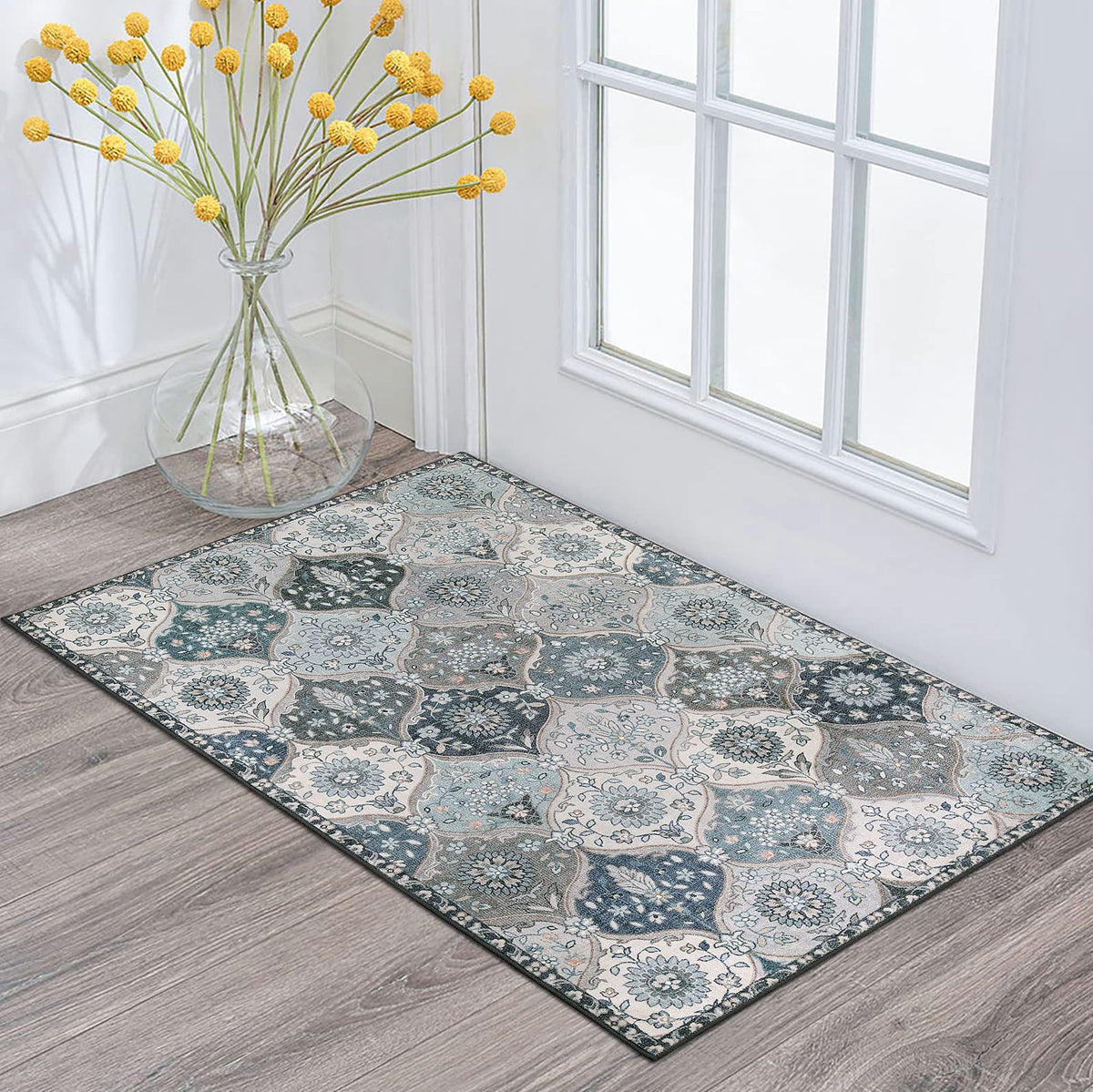 Lahome Elise blue Moroccan Trellis front door mat displaying durable entryway rug.