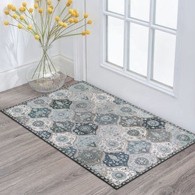 Lahome Elise blue Moroccan Trellis front door mat displaying durable entryway rug.