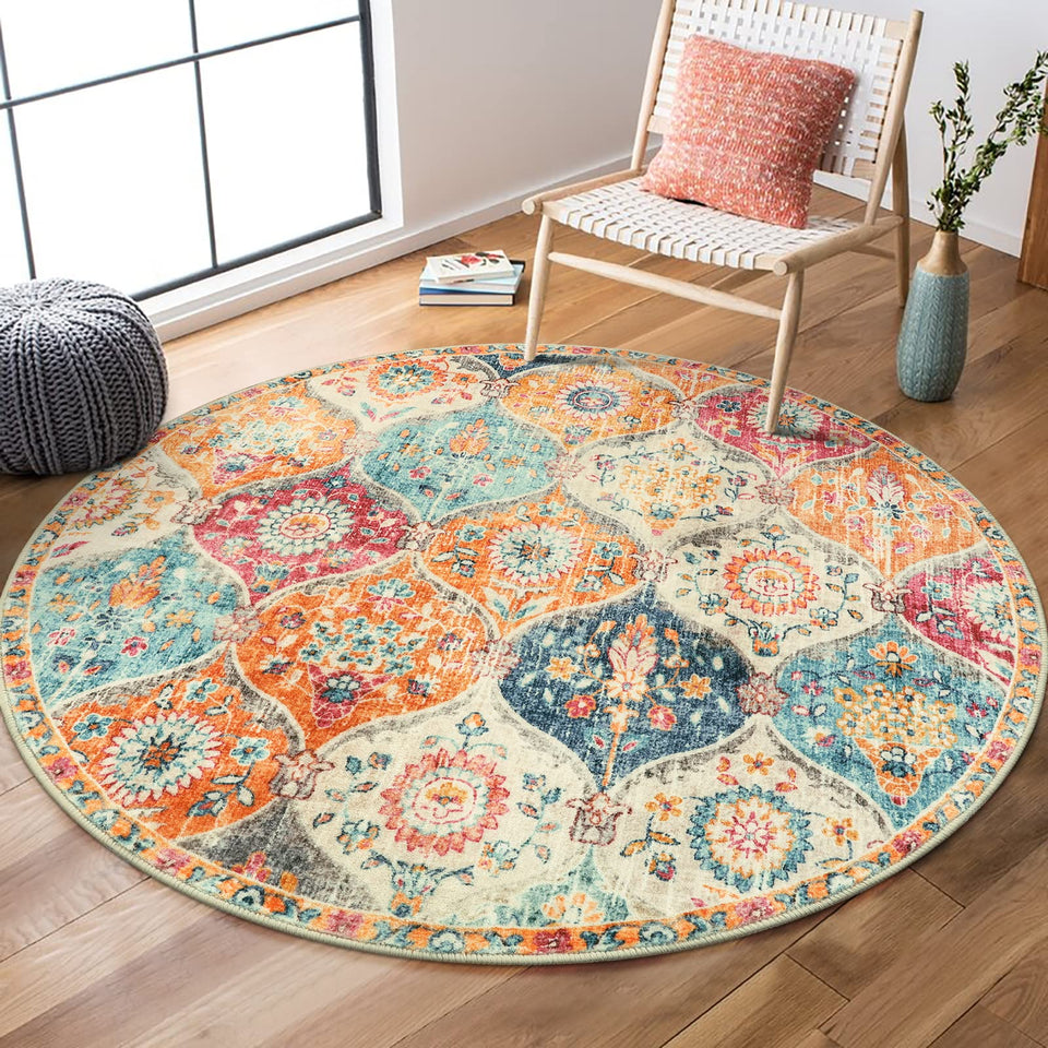 Lahome Elise Burnt Orange round rug, side view showing compact vintage style and non-slip backing